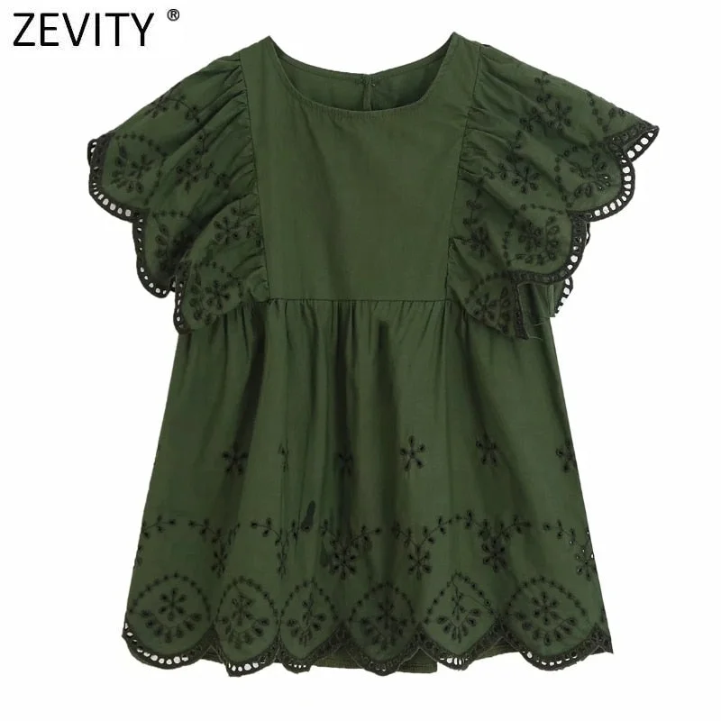 ZEVITY New women o neck hollow out embroidery casual smock blouse shirt women butterfly sleeve chic blusas femininas tops LS7127