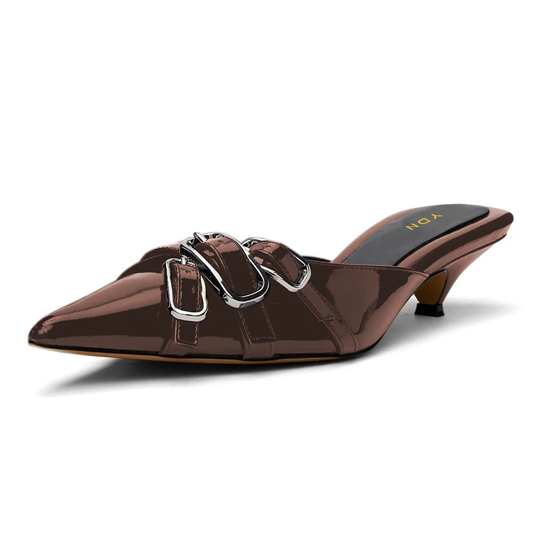 Brown Kitten Heel Buckle Strap Pointed Toe Mules for Women