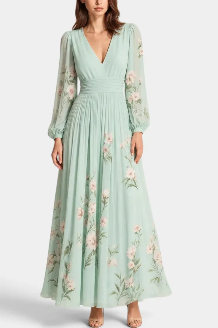 V-Neck Floral Chiffon Maxi Dress with Puffed Sleeves