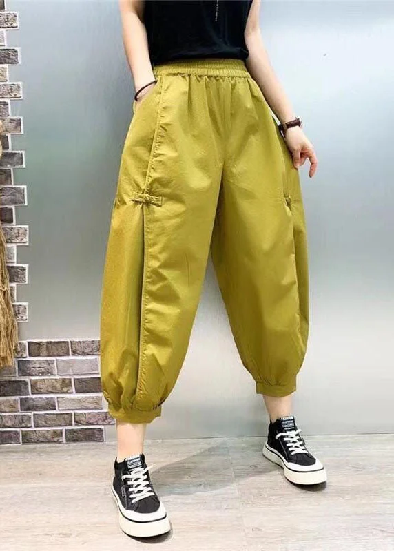 New Yellow Pockets Wrinkled Patchwork Cotton Harem Pants Summer