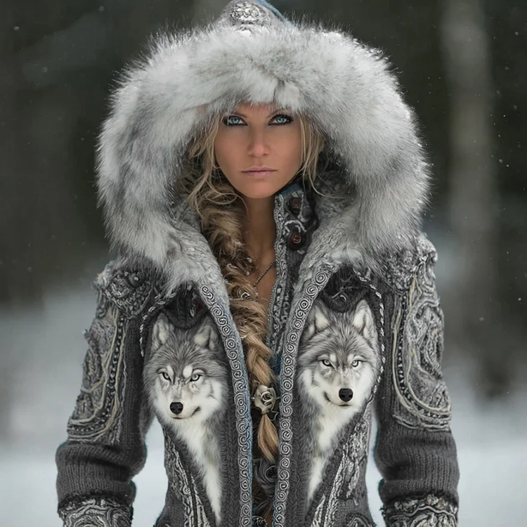 Women's Viking Style Three-dimensional Embroidered Wolf Retro Hooded Sweater