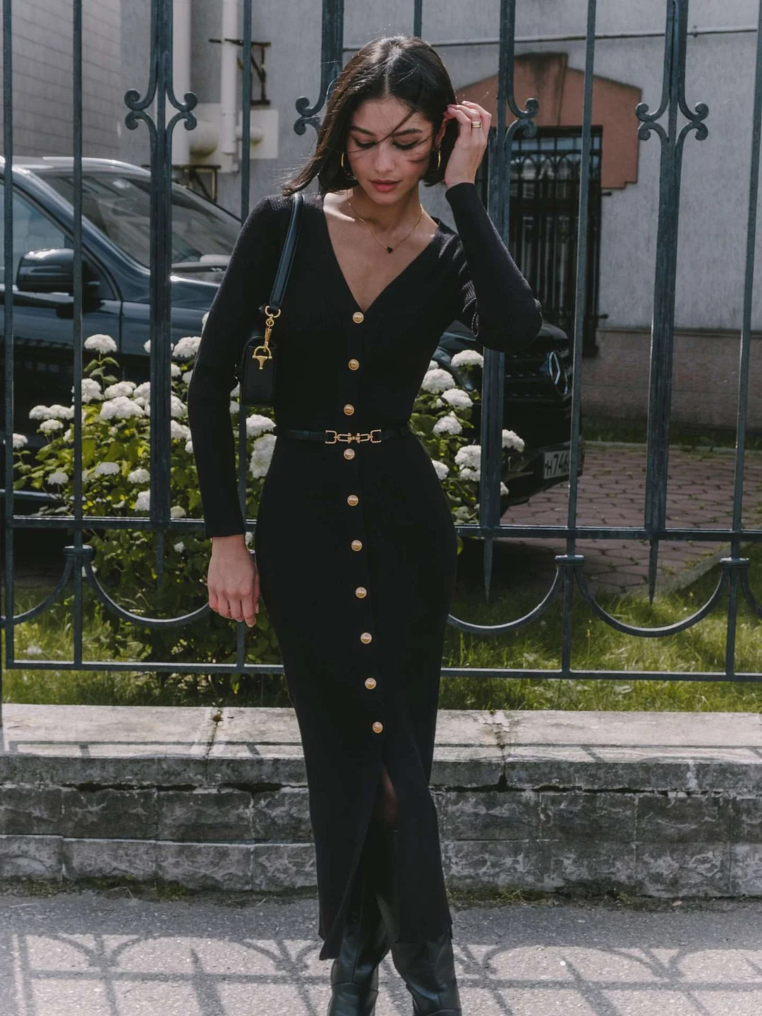 Uveng Uveng Long-Sleeved Knitted Dress Button-Button Fork 2024 Bag-Button Sweater Cardigan Skirt