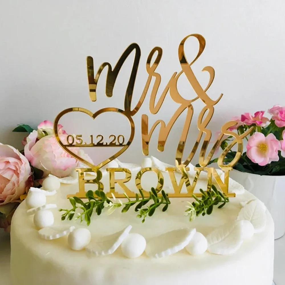 Custom Cake Topper Acrylic Mirror Letter Cake Decor Personalized Name And Date Gold Happy Birthday Cake Decoration For Wedding