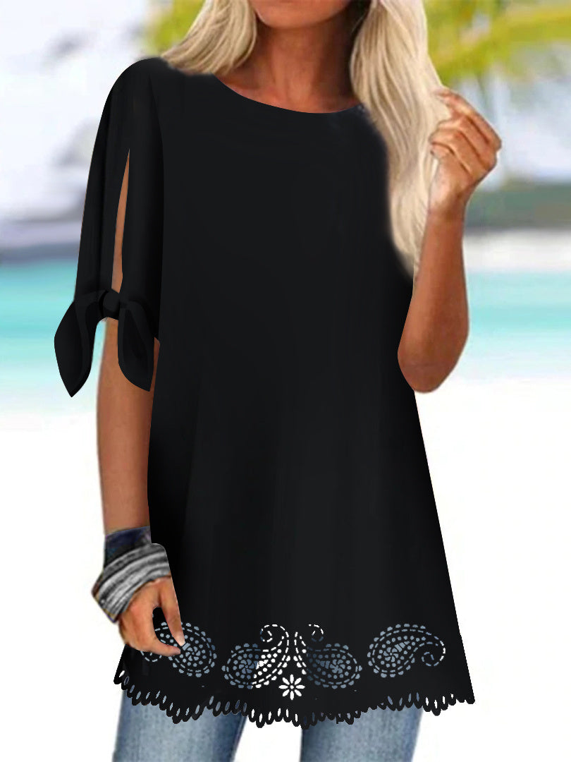 Women Half Sleeve Scoop Neck Hollow Women Tops