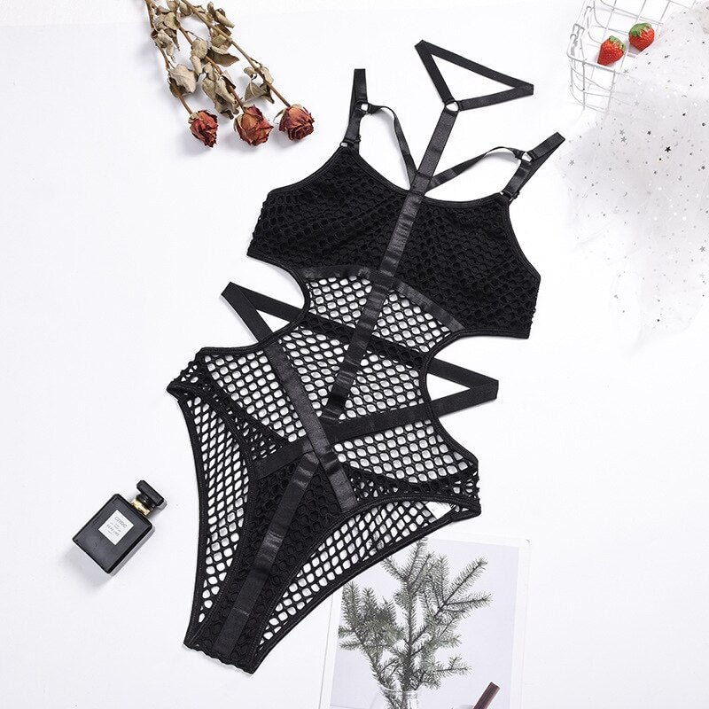 MIRABELLE Bodysuit Women Mesh Bodys Lace Exotic Costumes Halter Erotic Lingerie See Through Sexy Hollow Out Porno Overalls