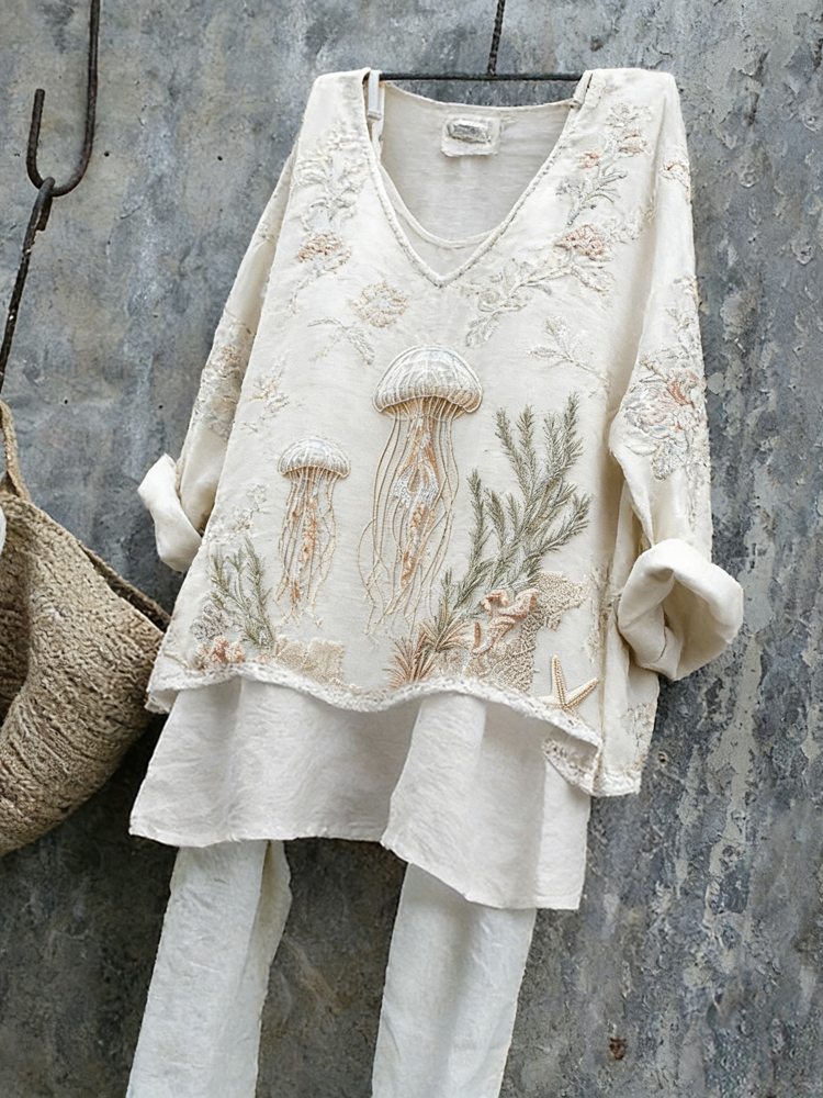 Vintage Ocean Jellyfish Art Pattern Cozy Linen Tunic wearshes