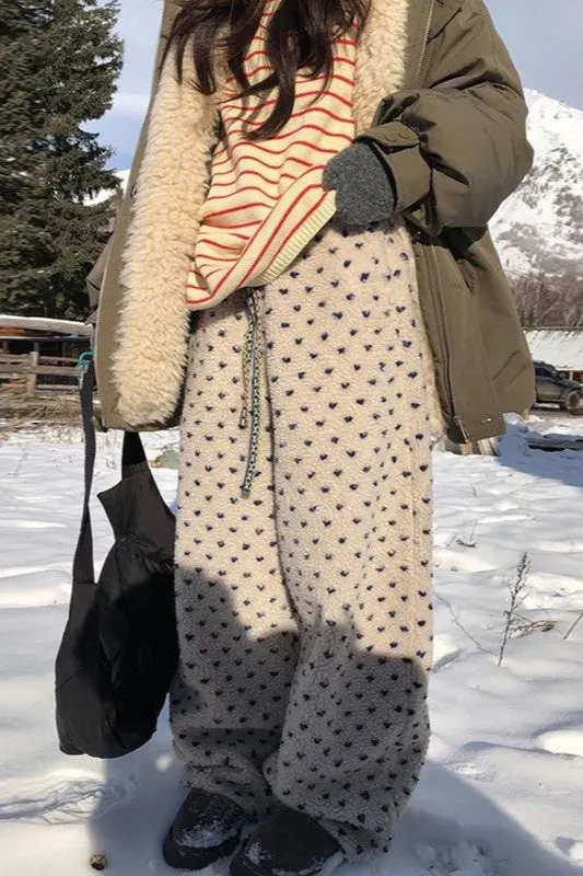 Warm Thickened Polka Dot Fleece Drawcord Pants