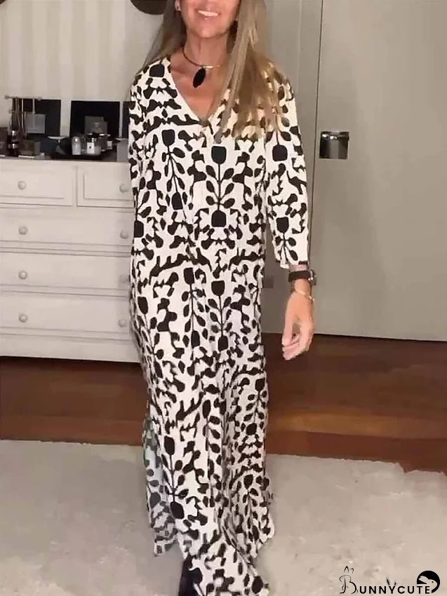 Long Dress Maxi Dress Casual Dress Print Dress Spring&radic;&Ccedil;&not;&dagger;Dress Floral Fashion Streetwear Outdoor Daily Date Split Print Long Sleeve V Neck Dress Regular Fit Black Summer Spring S M L XL XXL for Women
