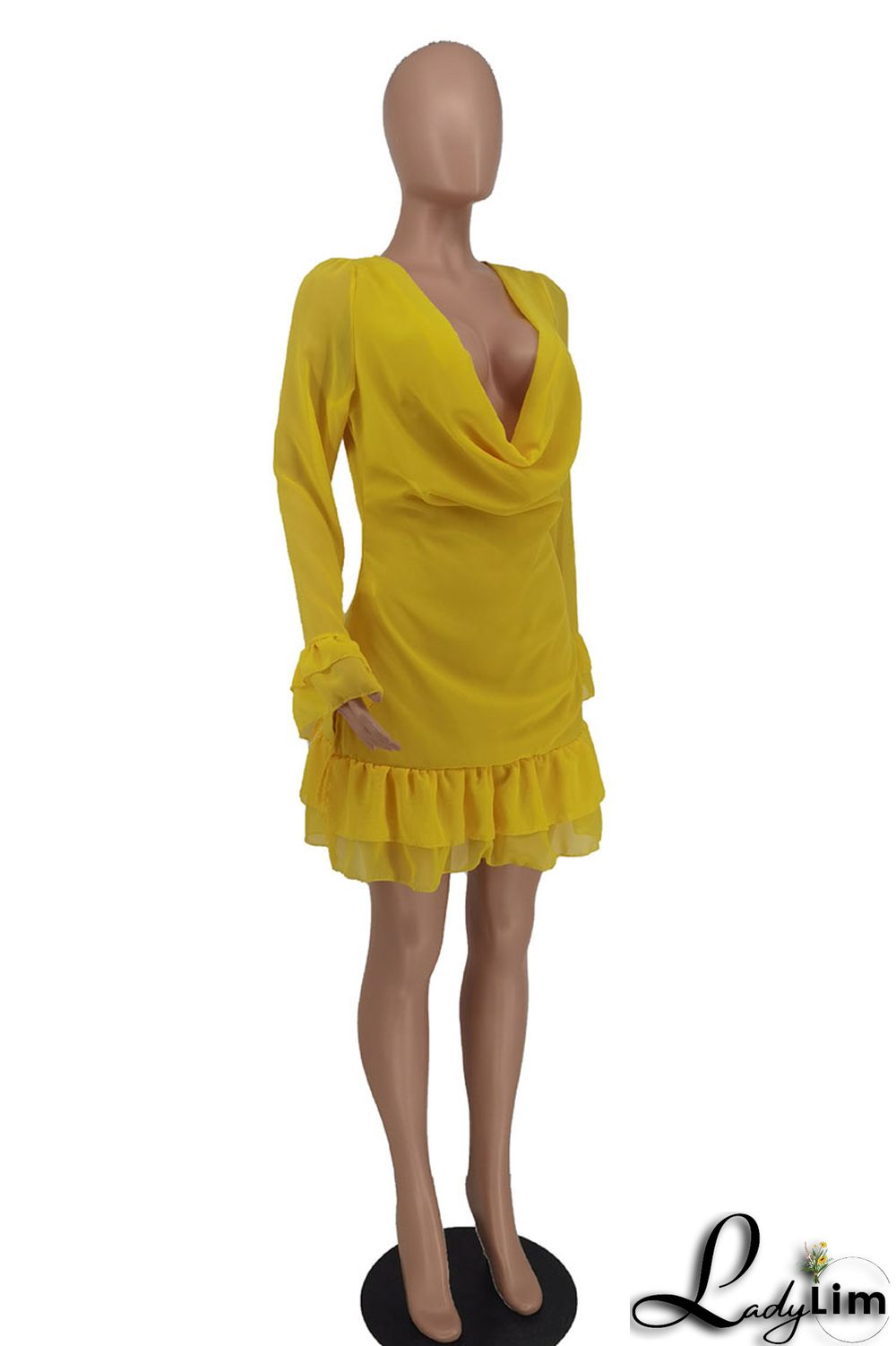 Yellow Sexy Solid Split Joint Flounce V Neck A Line Dresses