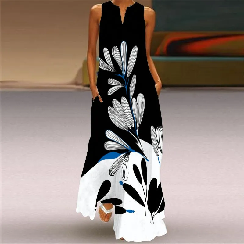 Bohemian Printed Sleeveless Maxi Dress Women Casual V-neck Robe Dresses Female Plus Size Beach Holiday Dress