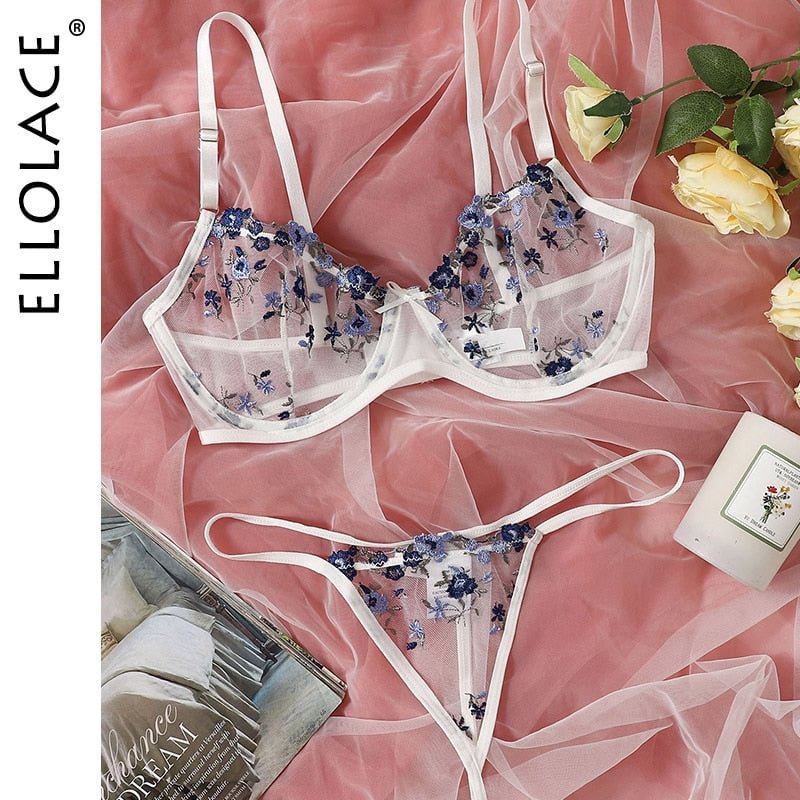 Ellolace Lingerie Sexy Women's Underwear Floral Embroidery Erotic Lingerie Set Lace Transparent Sexy Things Female Underwear Set