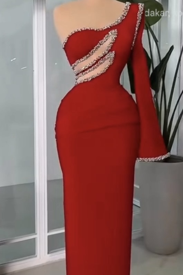 Ovlias Elegant Red Asymmetric Prom Dress Long Sheath with Sequins JQ0011