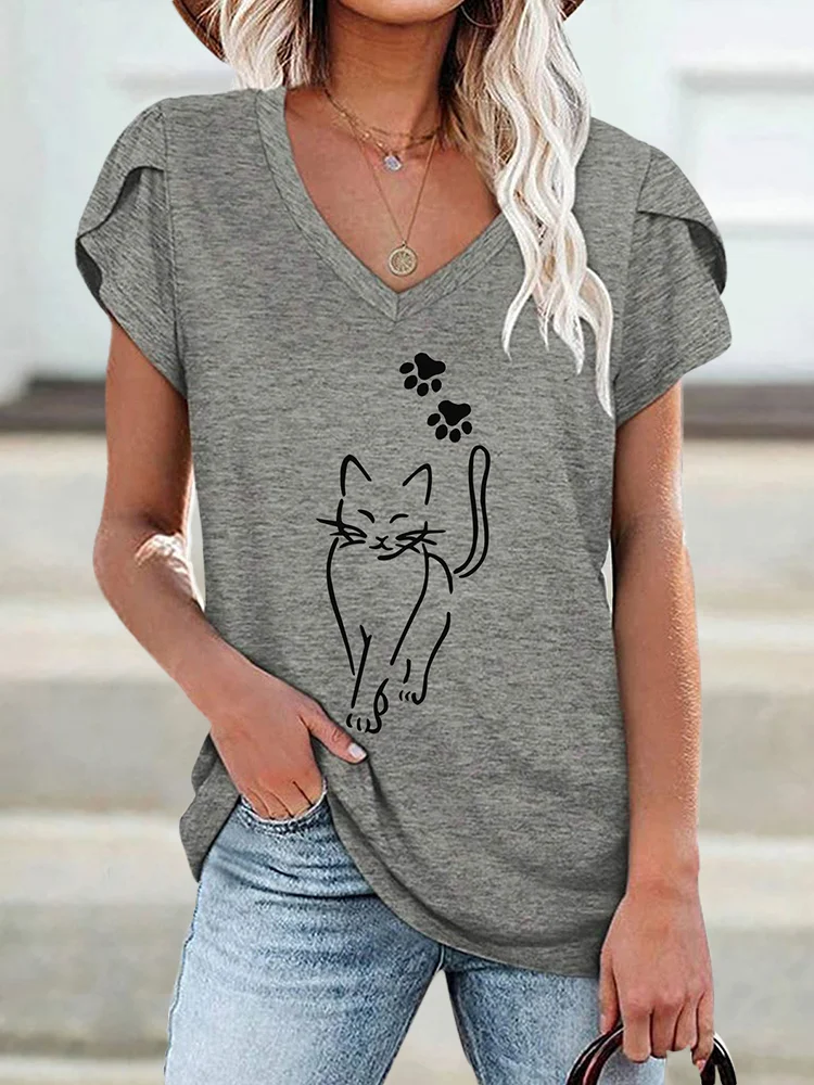 Cat With Paws Print Petal Sleeve T Shirt