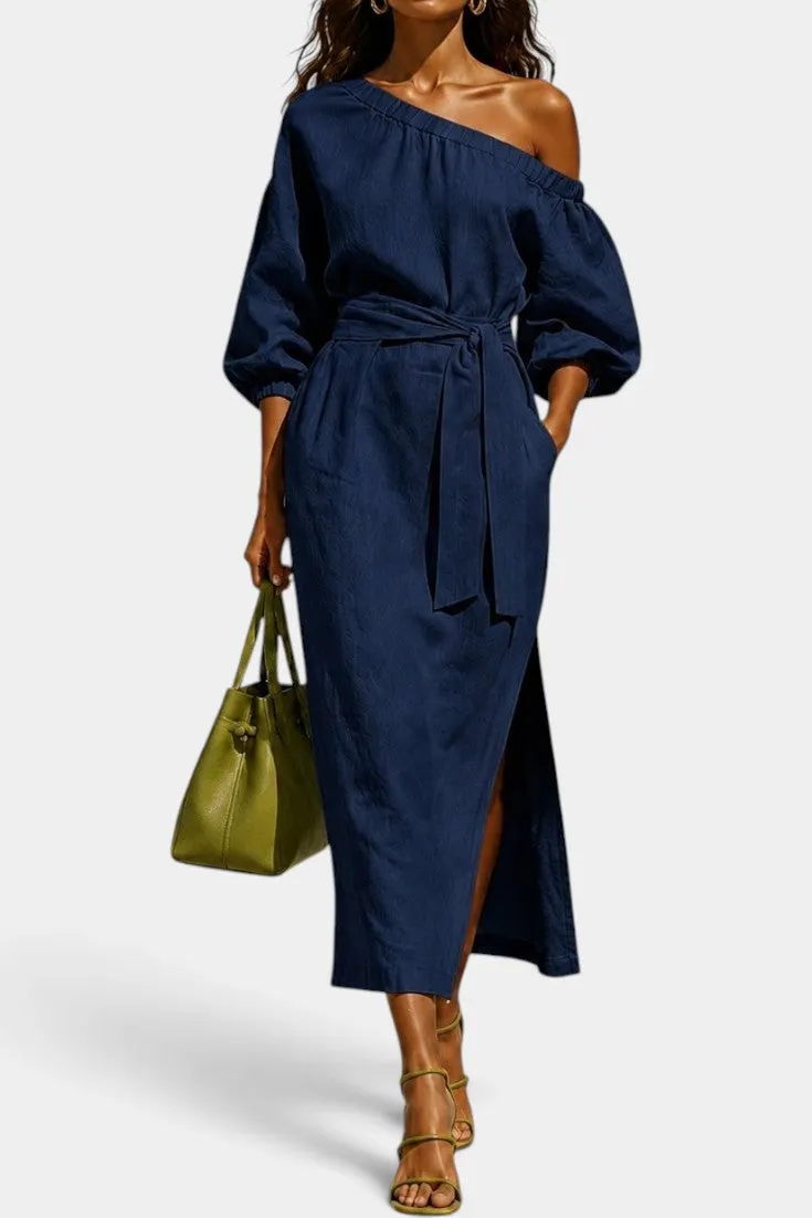 Asymmetrical Off-Shoulder Midi Dress with Belt