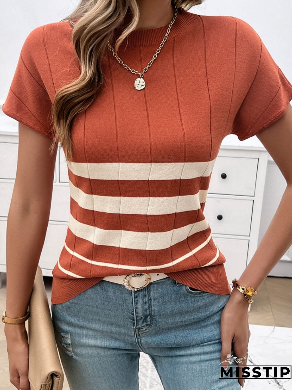 Striped Round Neck Short Sleeve Knit Top