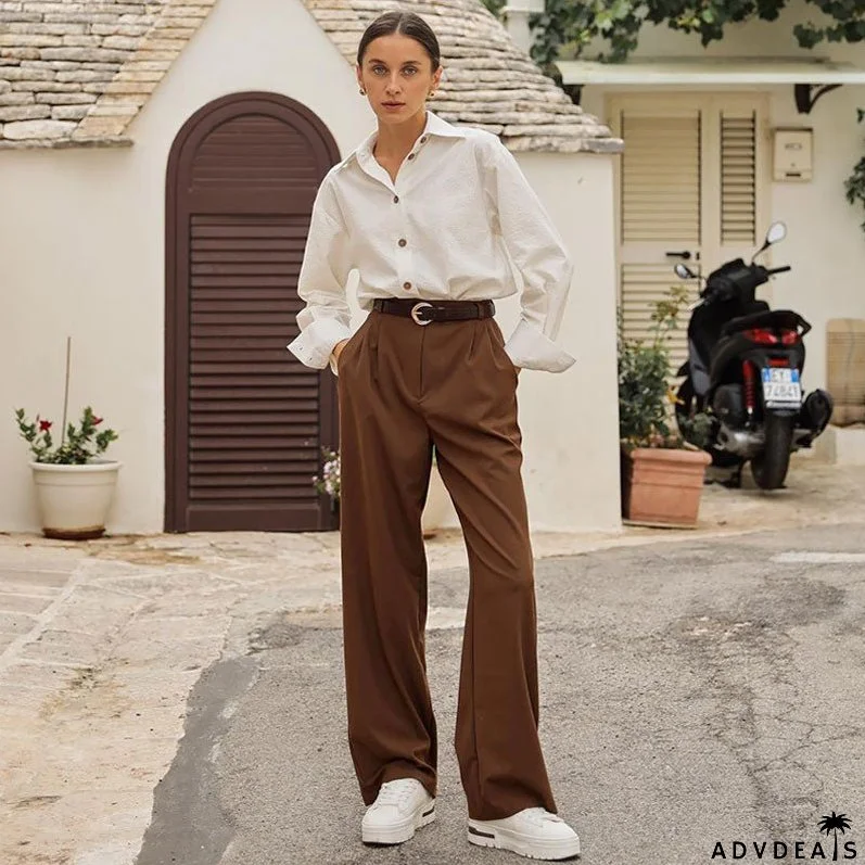 Classic High Waist Straight Leg Slant Pocket Pleated Tailored Pants - Brown
