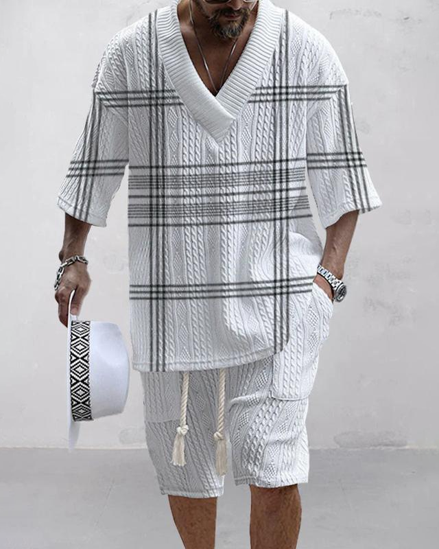 Men's V-neck luxury textured print shorts Set 032