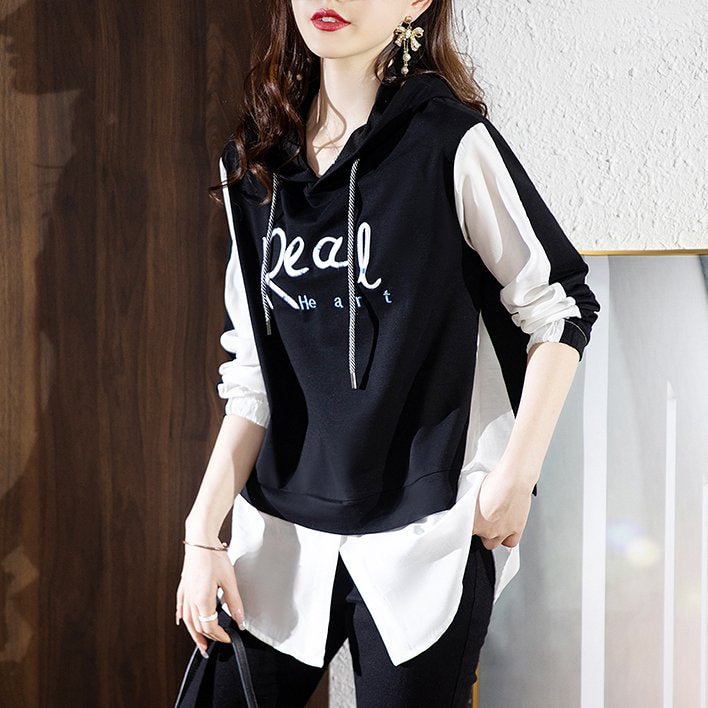 Black Shift Letter Casual Paneled Sweatshirt