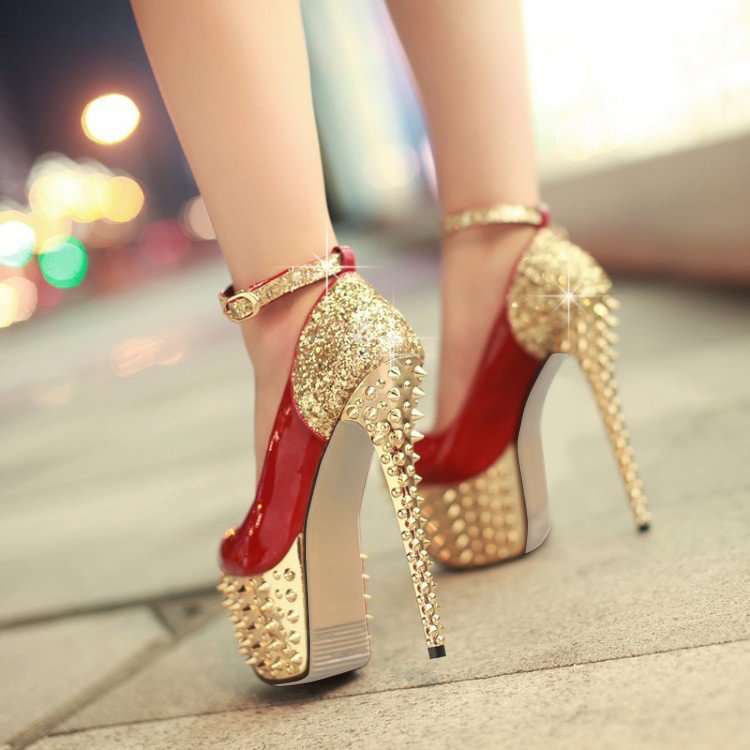 Red and Gold Heels Glitter Rivets Stiletto Heels Stripper Shoes |FSJ Shoes