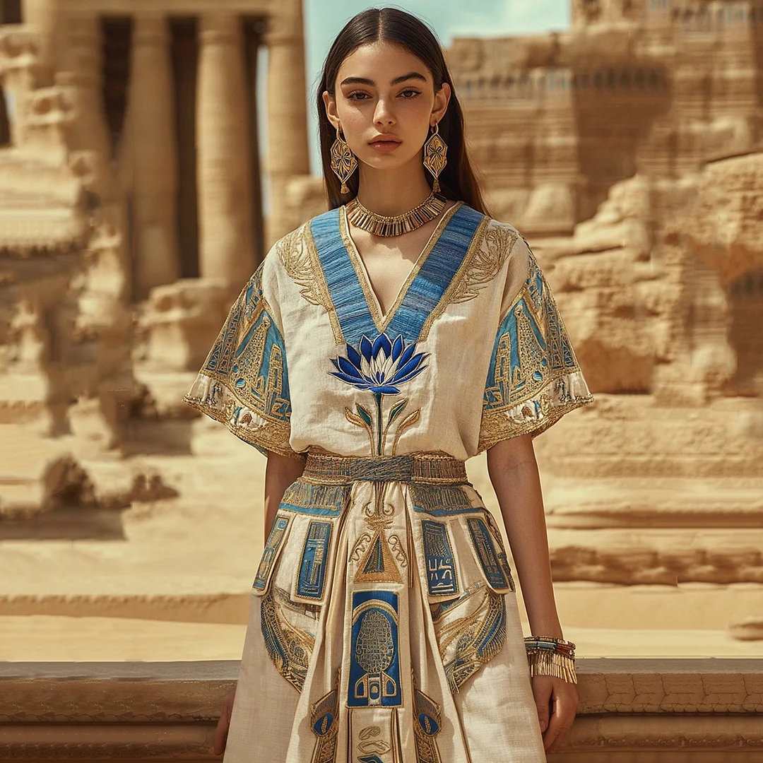Egyptian Egyptian Lotus Embroidery Women's Linen Maxi Dress