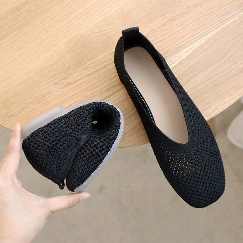 Lourdasprec Autumn Casual Loafers Knit Flats Shoes Women Hollow Square Toe Sneakers Breathable Flat Heel Boat Shoes