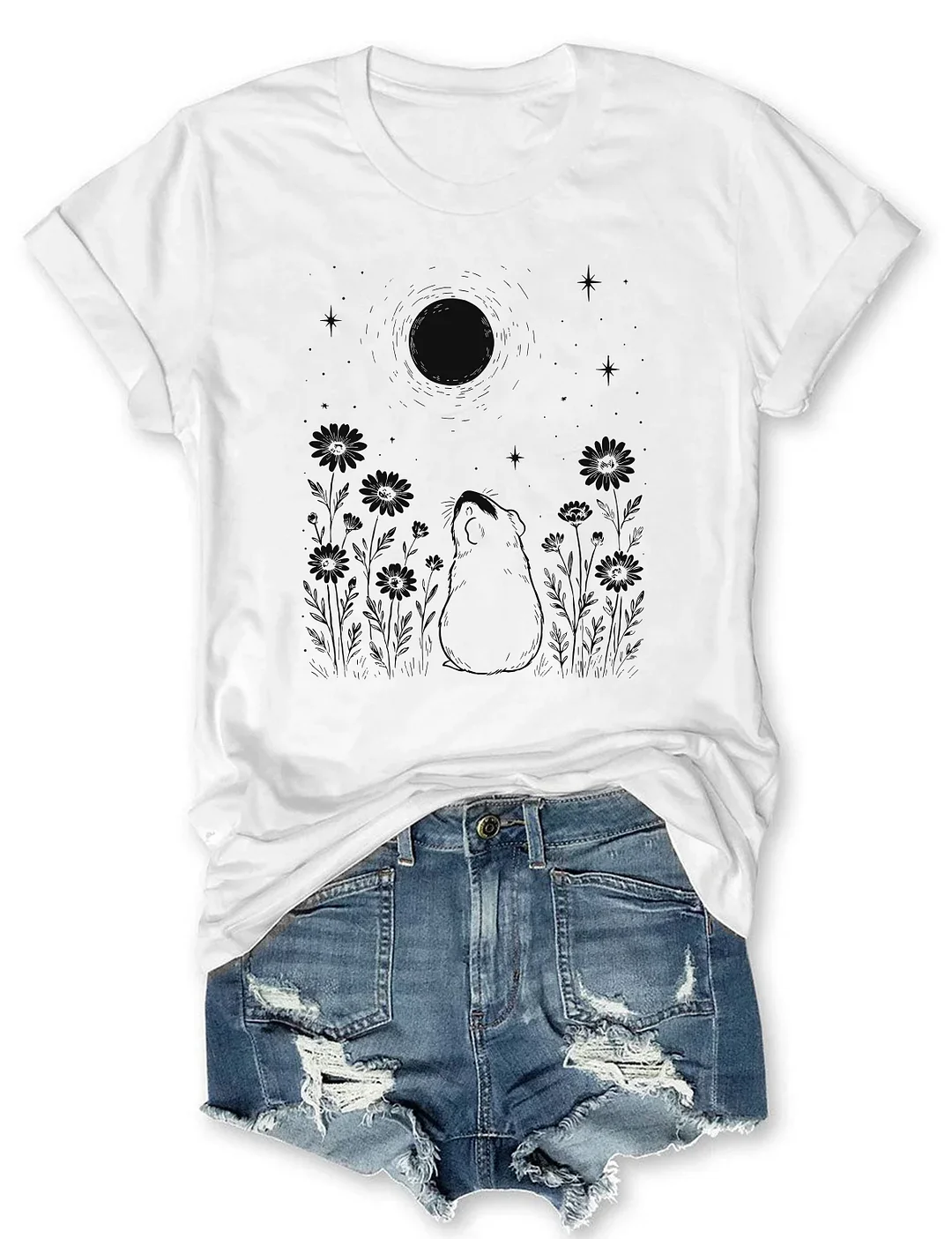 Night Flower Guinea Pig Moon T-shirt