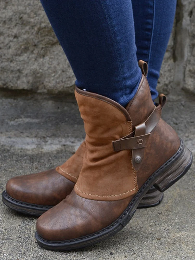 Brown Pu Low Heel Boots