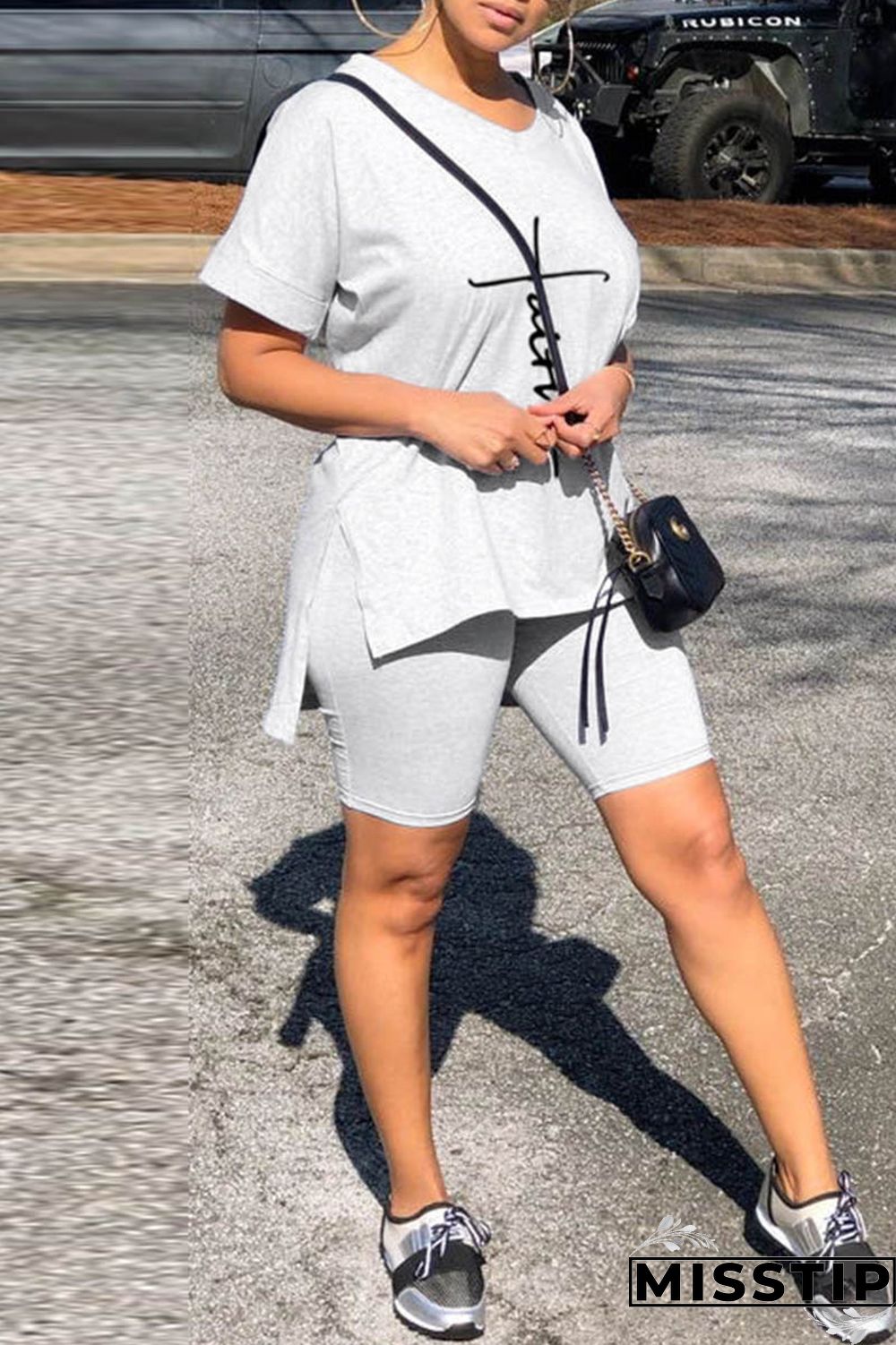 Light Gray Casual Print Slit V Neck Short Sleeve Two Pieces
