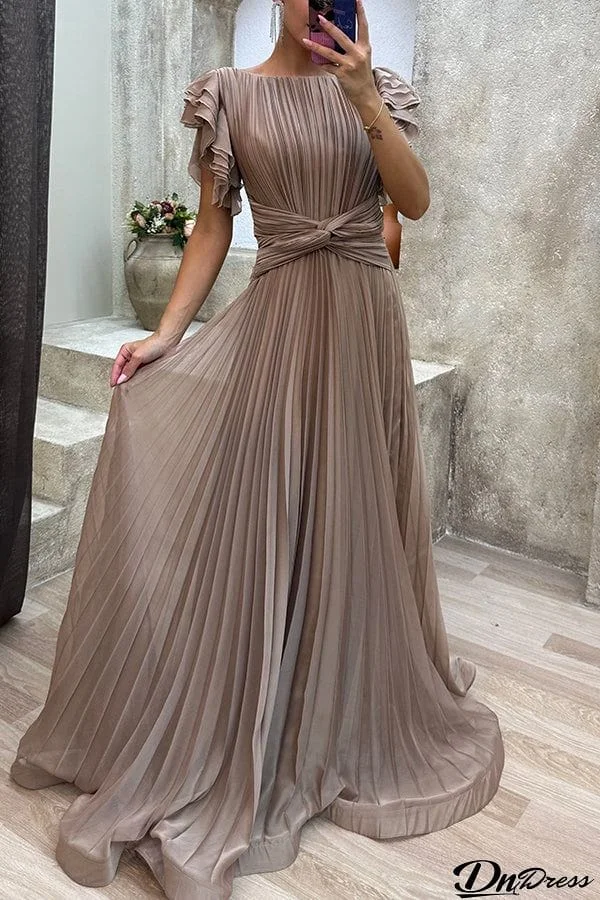 Fashion Elegant Queen Pleated Ruffle Sleeve Cross Waist Maxi Dress