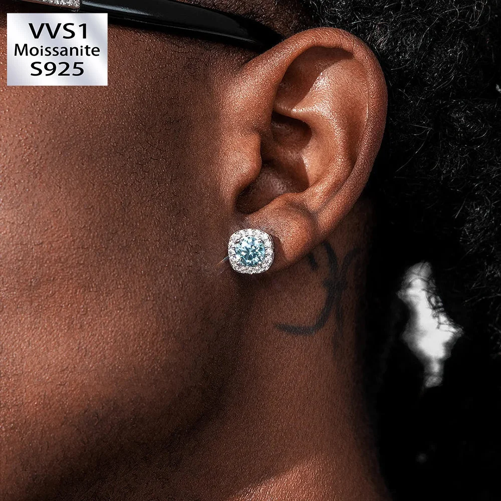 Total 2 Carats S925 Blue VVS1 Moissanite Square Stud Earrings