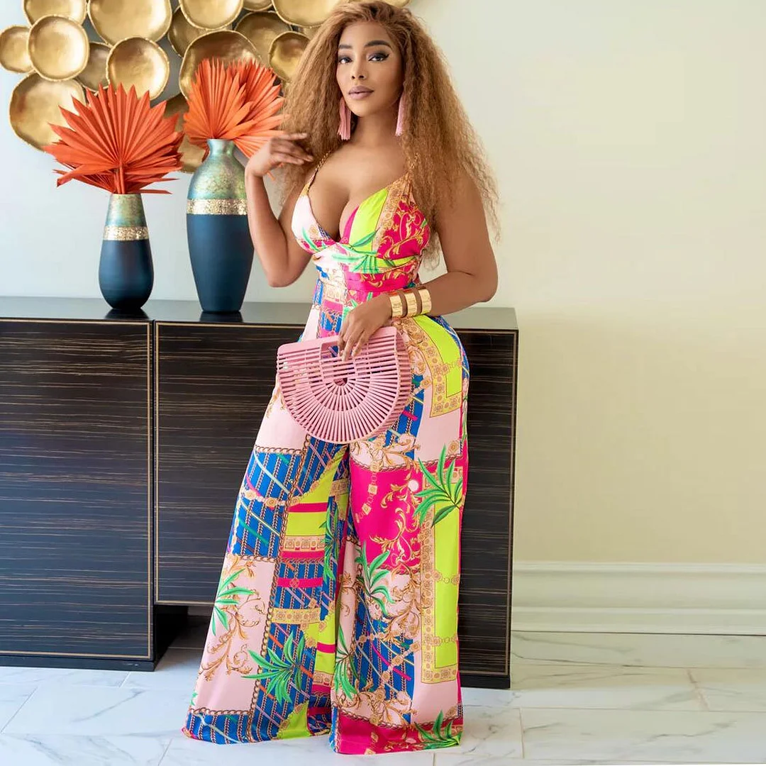 Sexy Printed Suspenders And Metal Chain Wide-leg Jumpsuit | IFYHOME