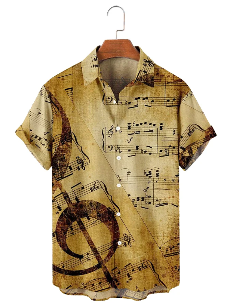 Men'S Simple Retro Sheet Music Violin Print Casual Shirt