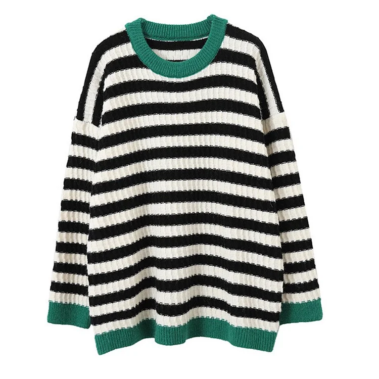 Stylish Loose Round Neck Contrast Color Striped Long Sleeve Knitted Sweater