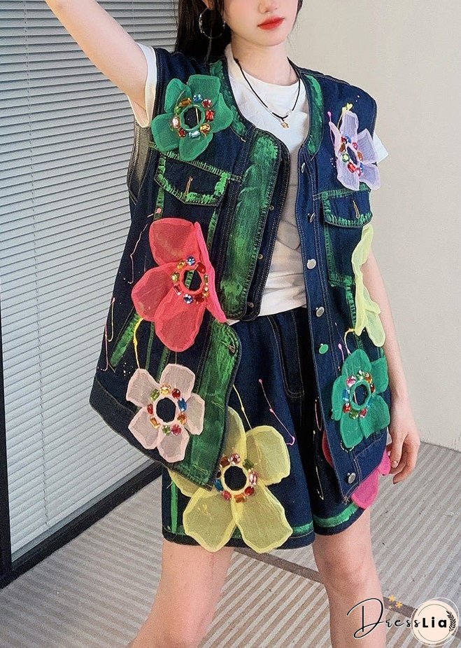 Unique Blue O Neck Zircon Floral Denim Women Sets 2 Pieces Summer