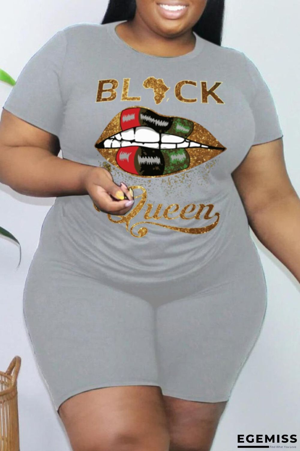 Grey Fashion Casual Letter Lips Printed Basic O Neck Plus Size Two Pieces | EGEMISS