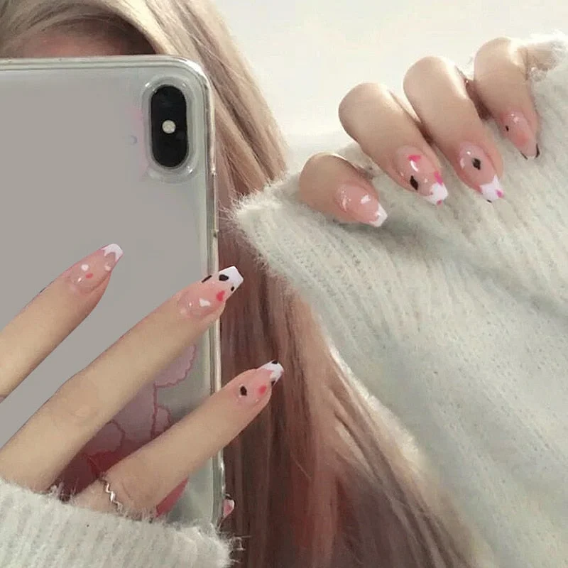 24pc Black Border Wear Long Paragraph Fashion Manicure Patch False Nail Full Cover Wearable Coffin Fake Nail Matte Ballerina Art-Nail Inspo