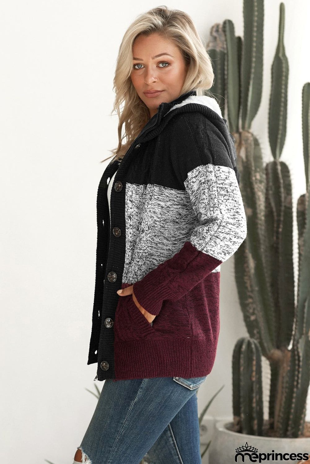Winter Wine Hooded Button Cable Knit Cardigan
