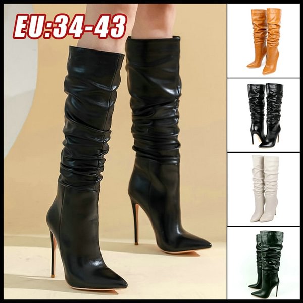 2022 Women Autumn Winter Leather Pleated Fashion Sexy Thin High Heel Slip on Long Boots Ladies Pointed Toe Boots Black Boots - Shop Trendy Women's Clothing | LoverChic