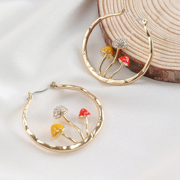 YOY-Women Cute Three Mushroom Hoops Gold Color Sweet Earrings