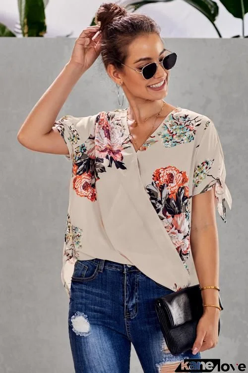 Apricot Floral Twist Short Sleeve Blouse Top