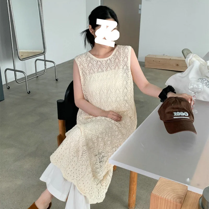 Uveng Uveng Summer Hansong Thin Knitted Dress Sleeveless After Opening Long Folding Skirt