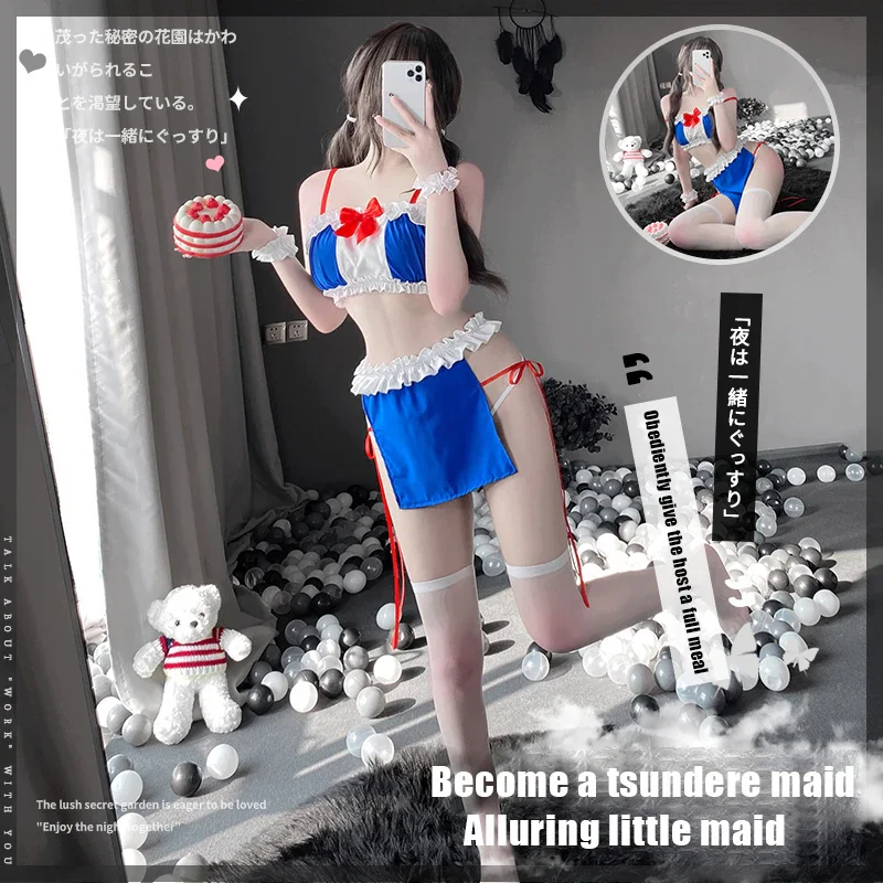 Billionm OJBK Sexy Cosplay Costume Maid Uniform Women Temptation Apron Dress Outfit Bowknot Sling Blue White Patchwork Top With Panty Set