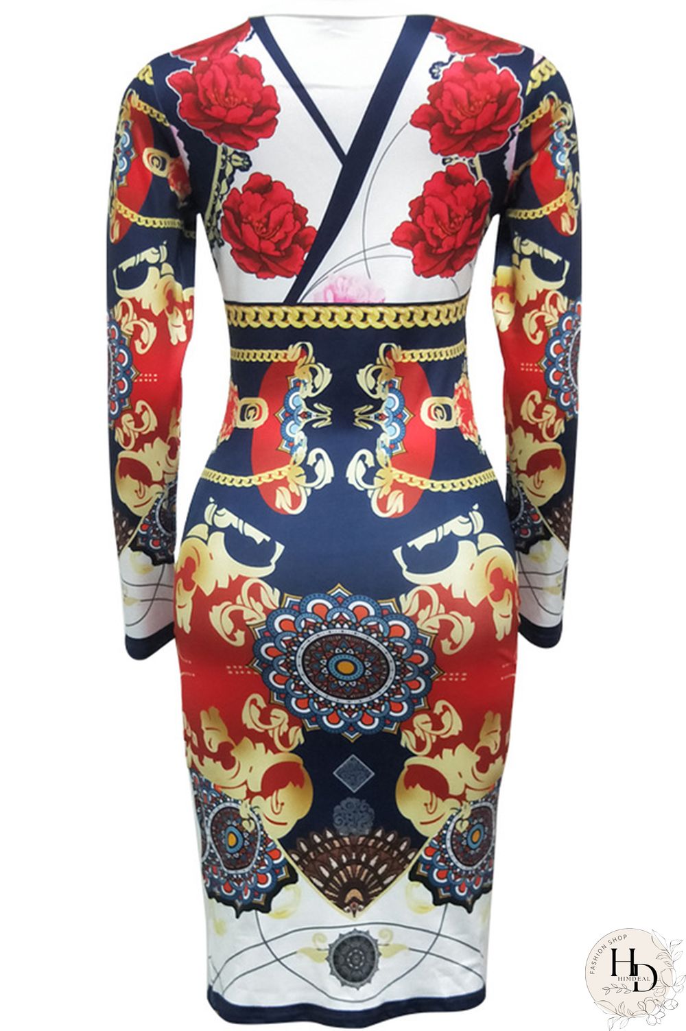 Blue Milk. Europe and America Cap Sleeve Long Sleeves O neck Pencil Dress Mid-Calf Patchwork Print Club