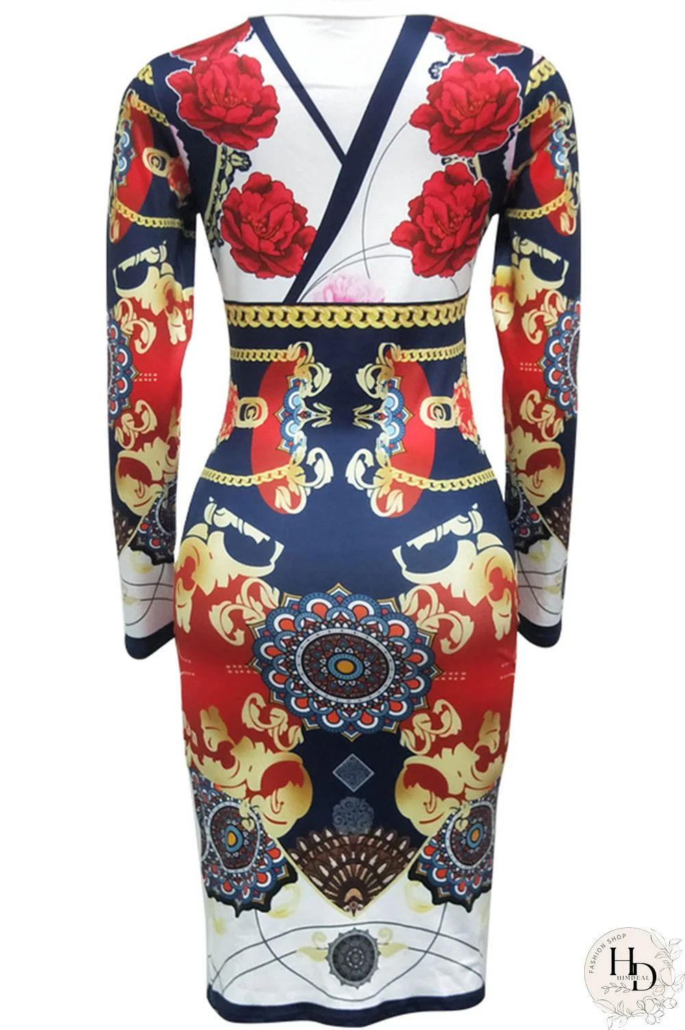 Blue Milk. Europe and America Cap Sleeve Long Sleeves O neck Pencil Dress Mid-Calf Patchwork Print Club