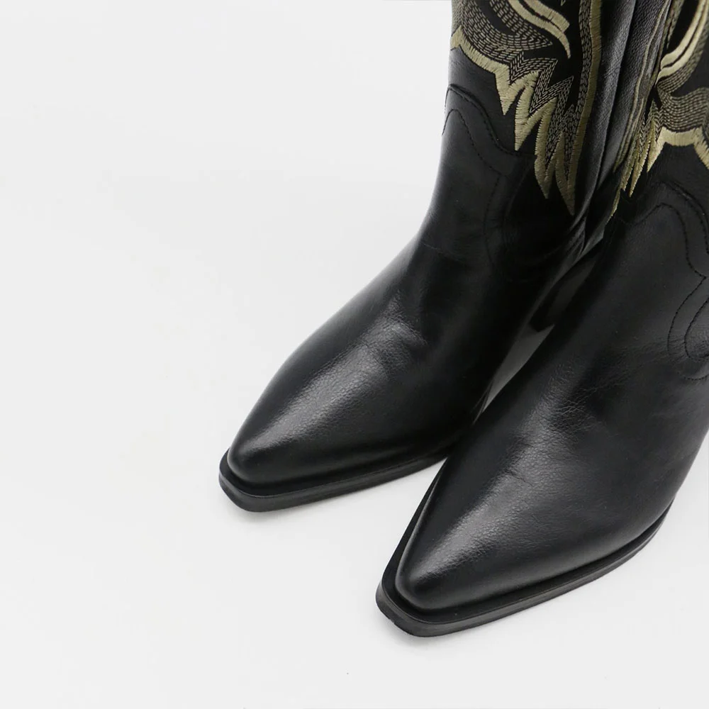 Black Snip Toe Chunky Heel Embroidered Western Cowgirl Boots