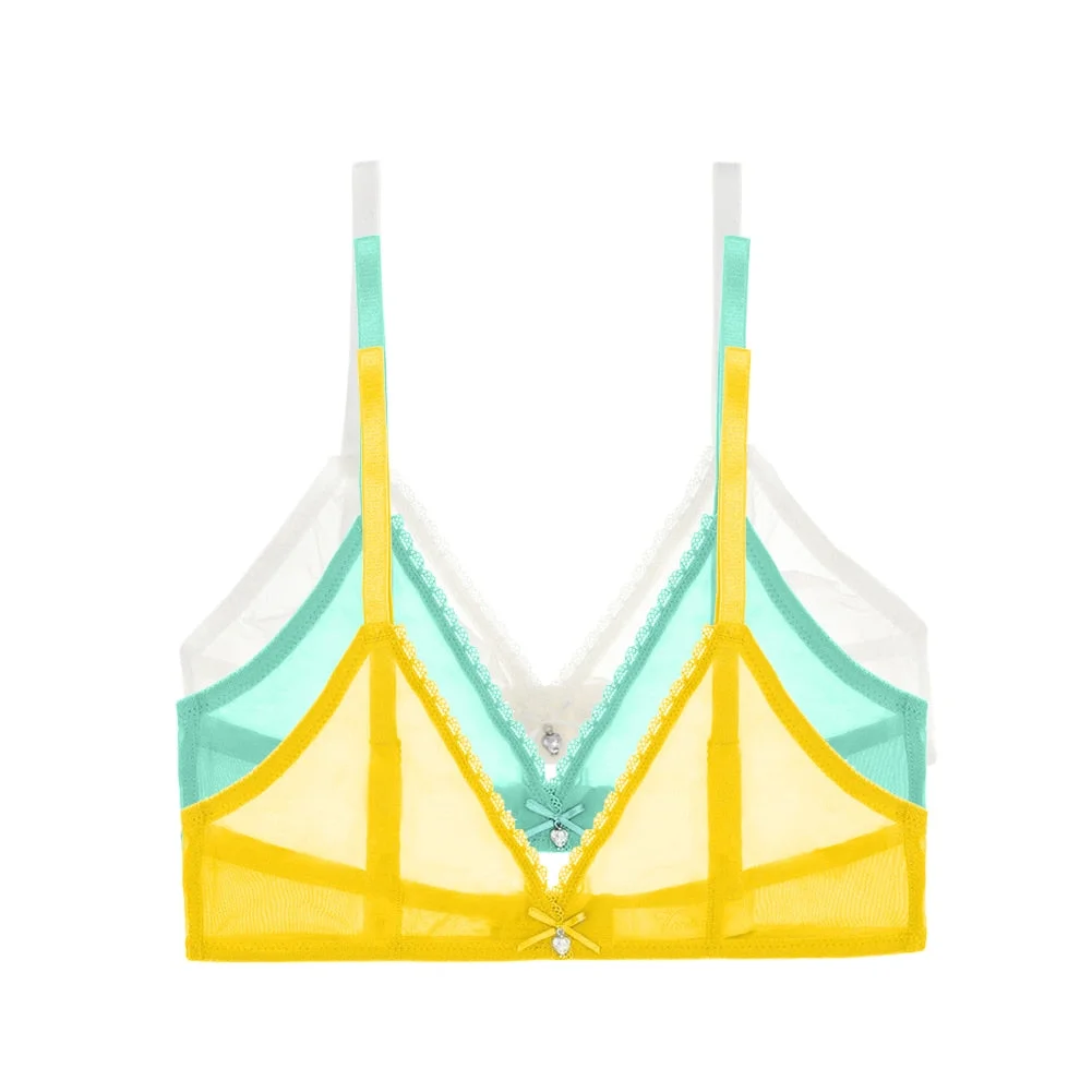 Varsbaby Sexy French Ultra-Thin Mesh Lingerie Lemon Yellow Mint Green Underwear Summer Breathable Bra Combination 3 PCS /Lot