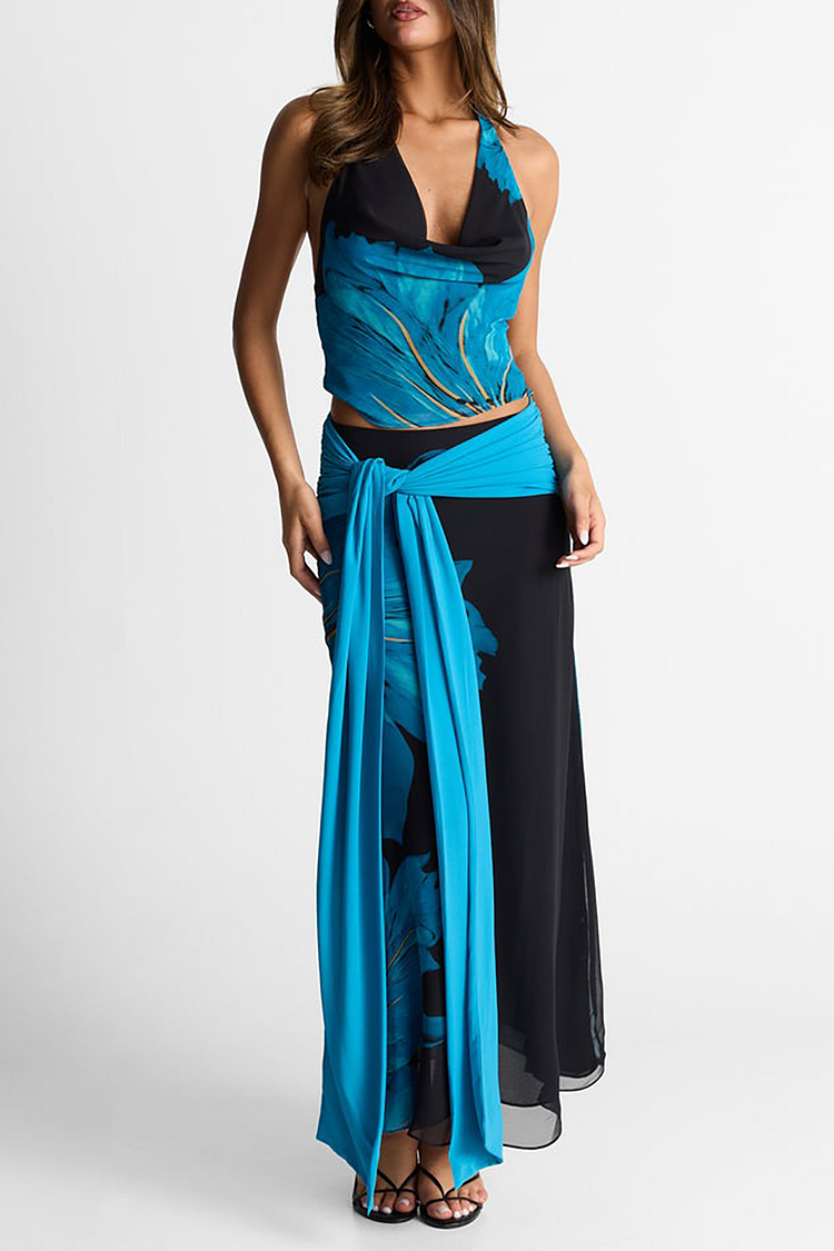 Halter Top Tie Up Sash Floral Print Colorblock Maxi Skirt 2pcs Set-Blue [Pre Order]