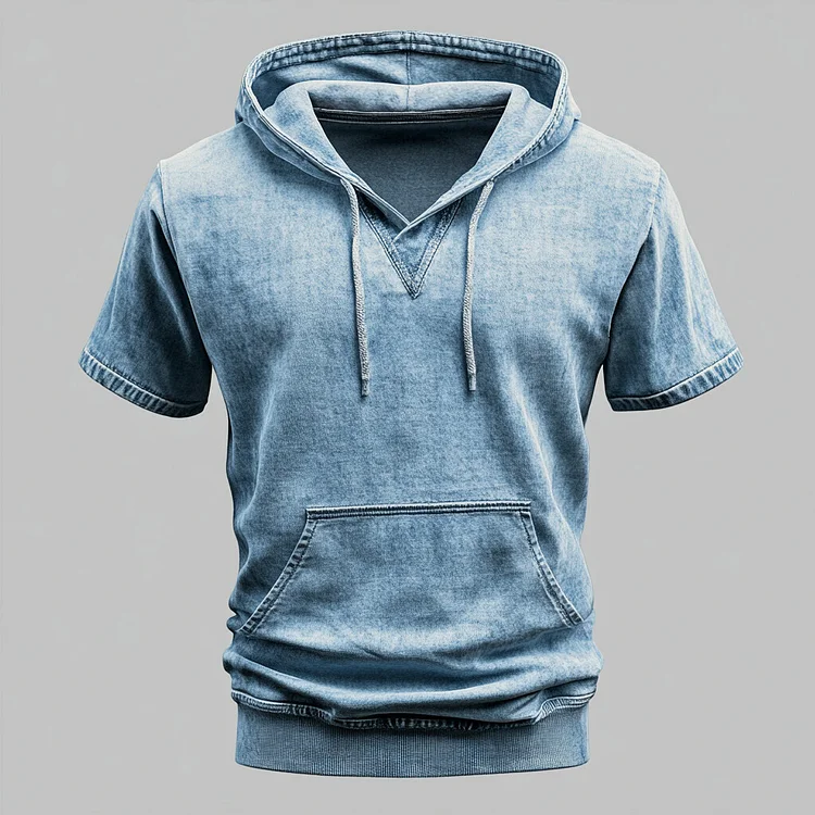 Men's Denim Drawstring Kangaroo Pocket Short Sleeve Hoodie