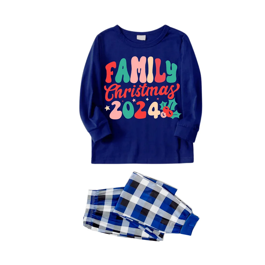 "Family Christmas 2024" Colorful Letter Pattern Blue Long Sleeves with Blue&White&Black Plaid Pants Family Matching Pajamas
