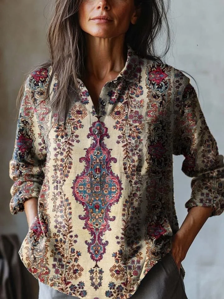 Women's Vintage Lovely Floral Art Print Casual Cotton And Linen Shirt